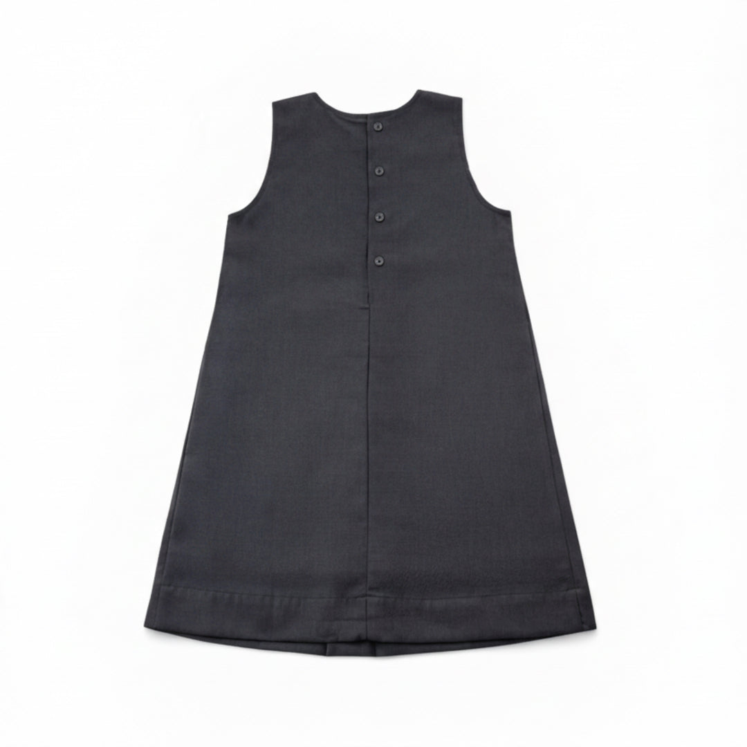 Robe chasuble grise Adèle de la marque My Store, vue de dos, tissu léger et élégant pour un style moderne et sophistiqué.