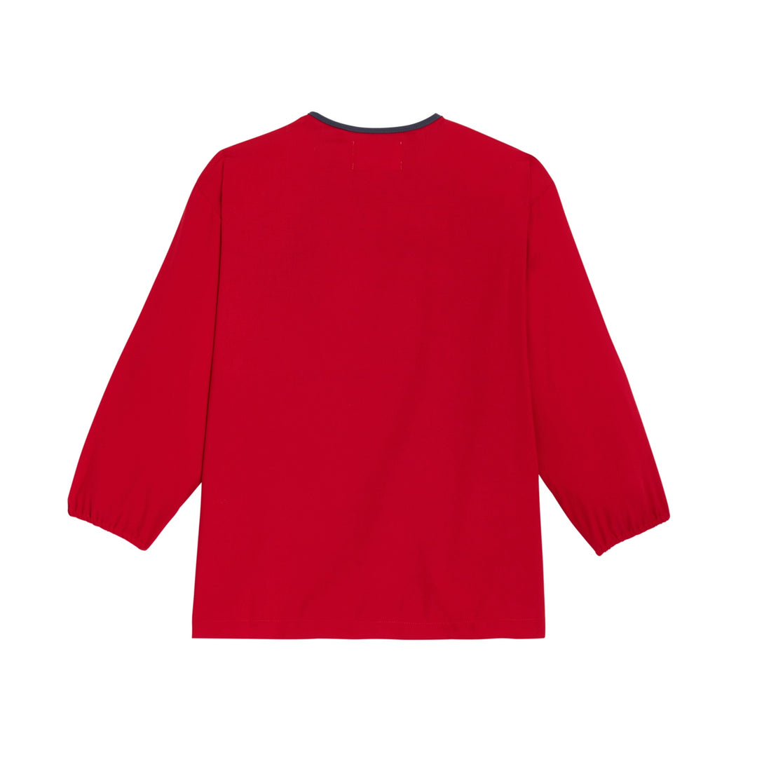 Red unisex school apron BAPTISTE by My Store, featuring adjustable neck straps and a spacious front pocket.