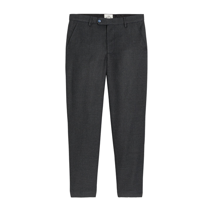 Grey Calixte trousers for boys, featuring a tailored design and comfortable fit, displayed from the front view.