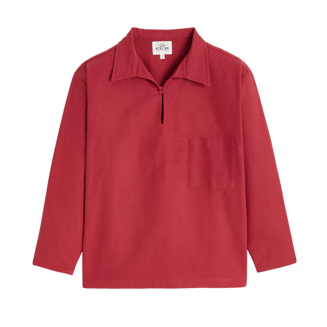 Red fleece pullover jacket by ERIC, featuring a relaxed fit and a soft texture, perfect for casual wear.