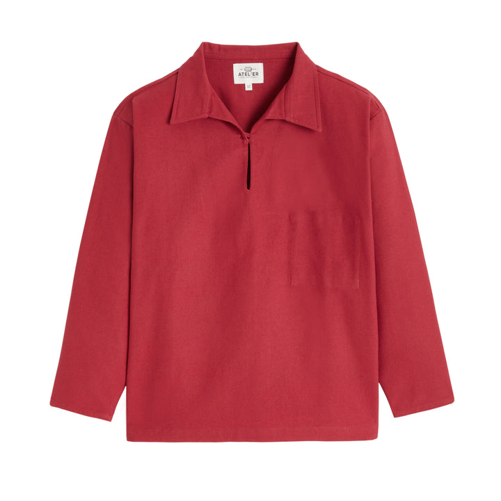 Red fleece pullover jacket by ERIC, featuring a relaxed fit and a soft texture, perfect for casual wear.