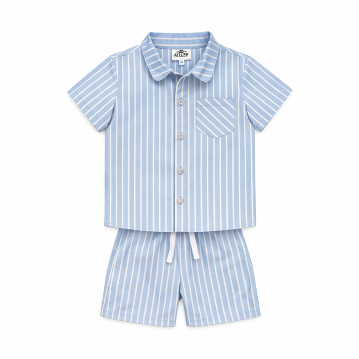 Pyjama garçon été MARCUS – coton rayé bleu ciel et blanc manches courtes