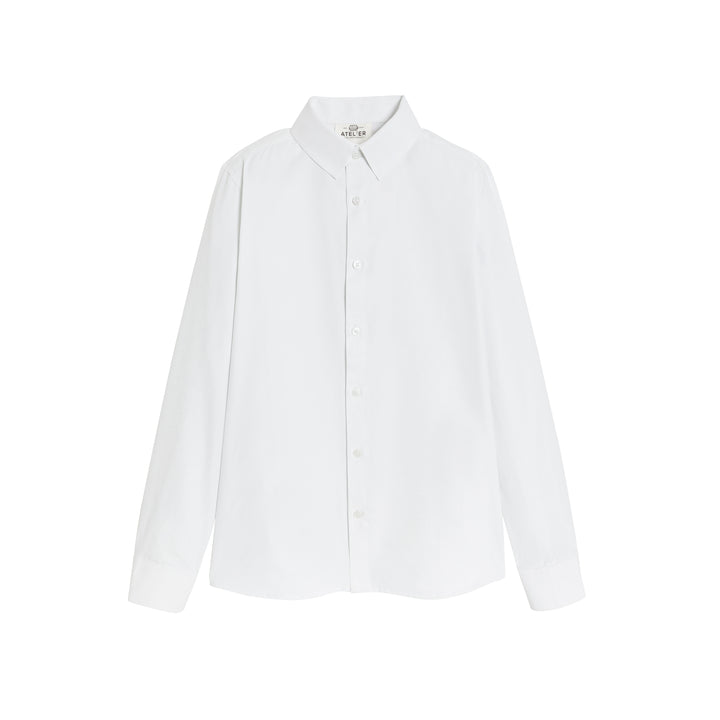 Chemise d'uniforme Oxford blanche à manches longues pour garçon de la marque FRANÇOIS, vue de face.