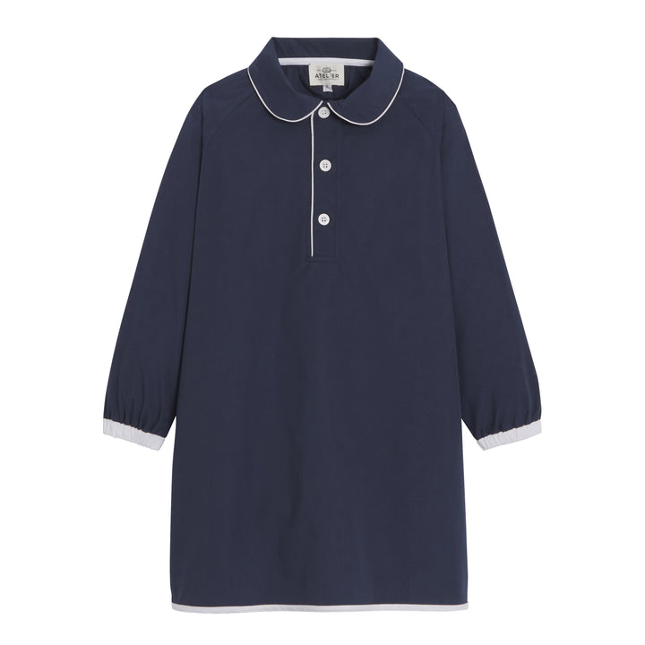 Fille school apron in marine blue, featuring a stylish design by Josephine, perfect for young learners.