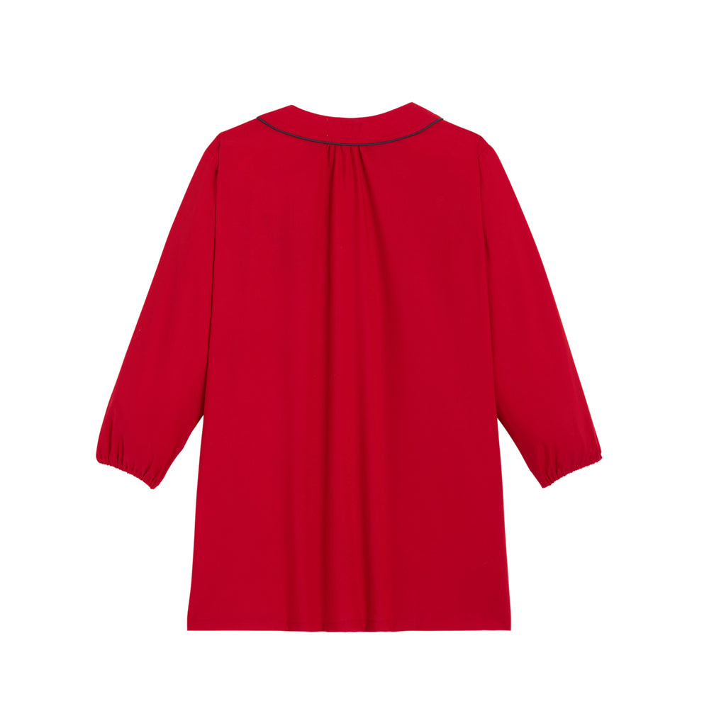 Red school blouse for girls by Louise, featuring a classic collar and button-down front, ideal for school uniforms.