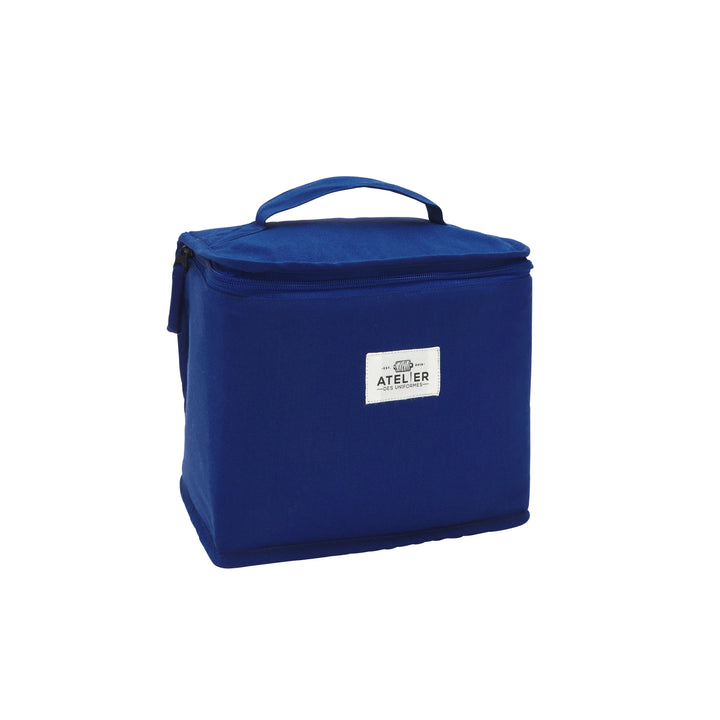 Blue SIMON lunch bag with a sleek design, featuring a front pocket and sturdy handles for easy carrying.