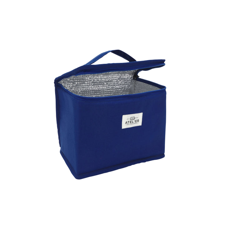 Blue SIMON lunch bag with an open flap, showcasing its spacious interior and durable design.