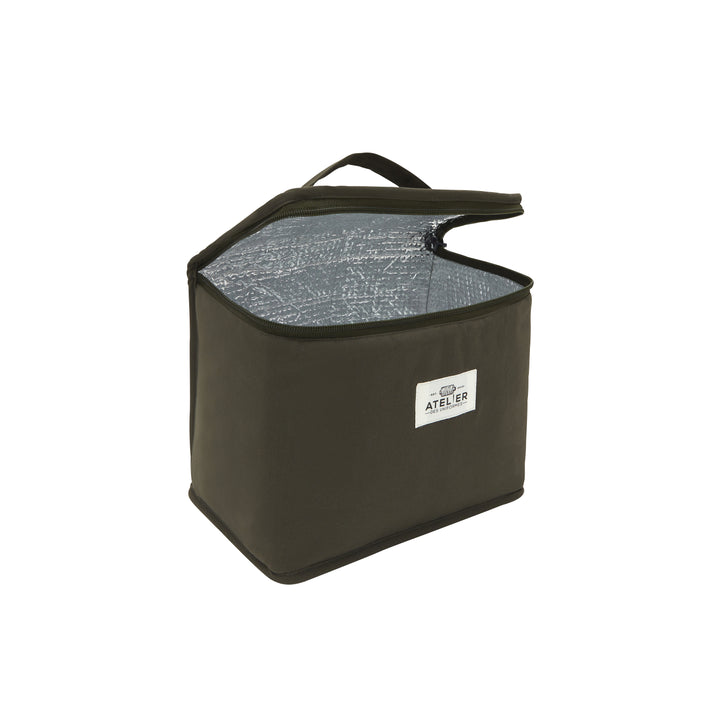 Khaki SIMON lunch bag open, featuring spacious compartment and stylish design for meals on the go.