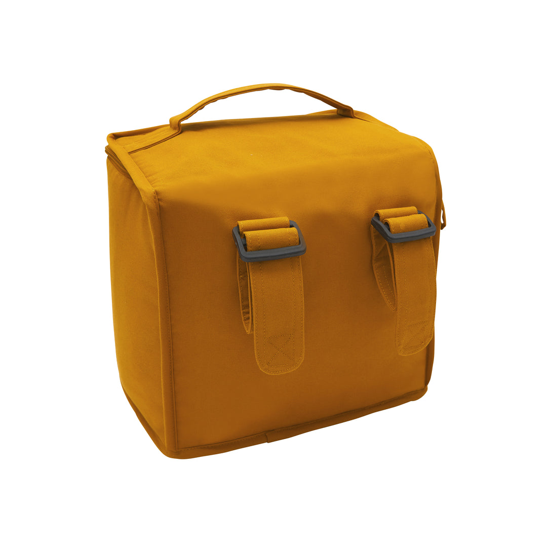 Yellow bicycle-themed lunch bag by PIERRE, featuring a spacious main compartment and adjustable shoulder strap.