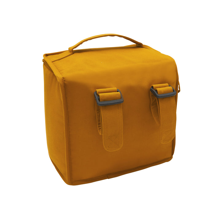 Yellow bicycle-themed lunch bag by PIERRE, featuring a spacious main compartment and adjustable shoulder strap.