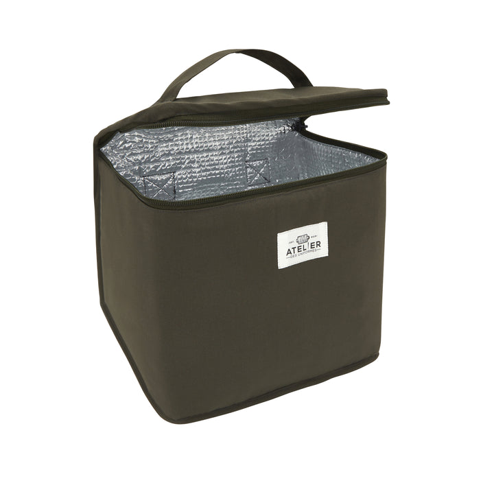 Khaki lunch bag with bicycle design, open view showcasing interior compartments, by PIERRE.