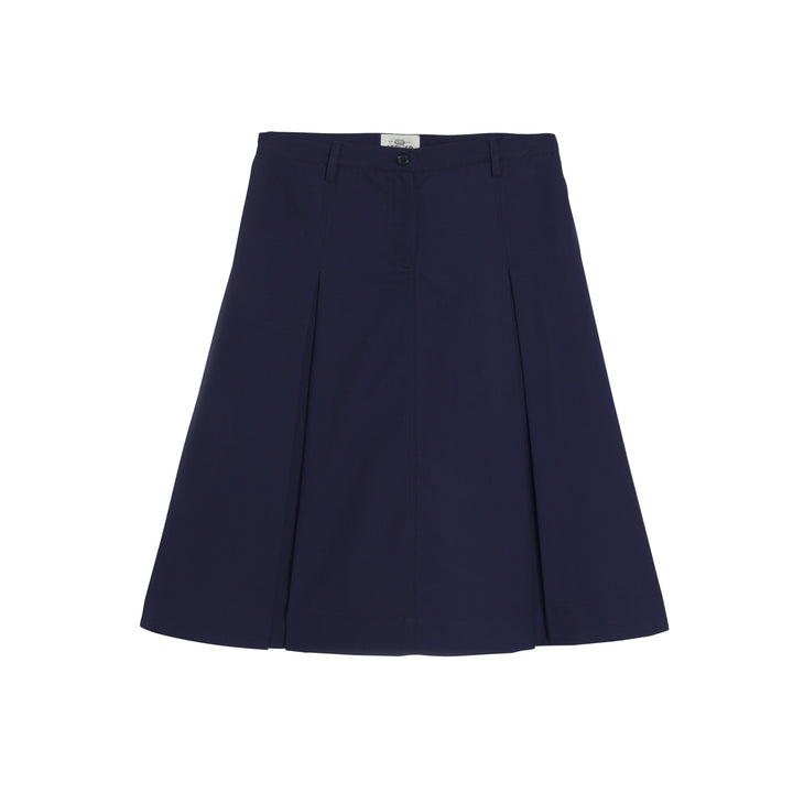 Long blue Marie skirt from My Store displayed on a model, showcasing its flowing fabric and elegant design.