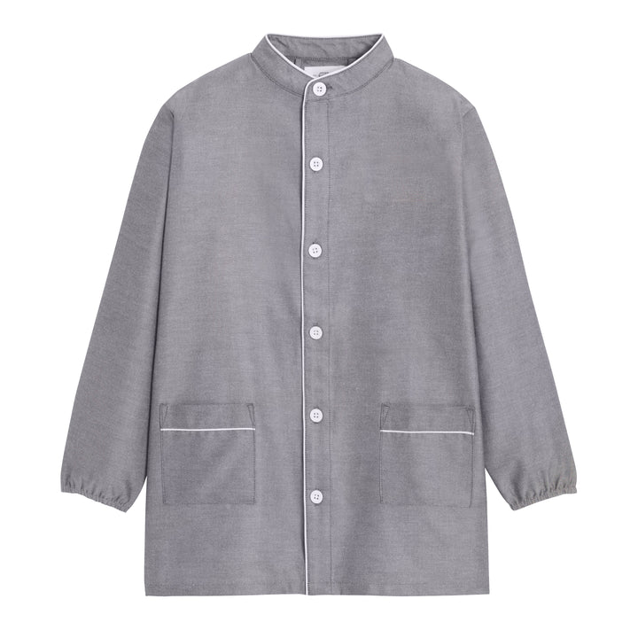 Mixte school apron in gray by Paul, featuring a front view design with adjustable straps and a pocket.